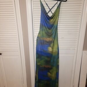 Silky Sister Party Cowl Neck Slip Dress in Blue & Green Tie-Dye